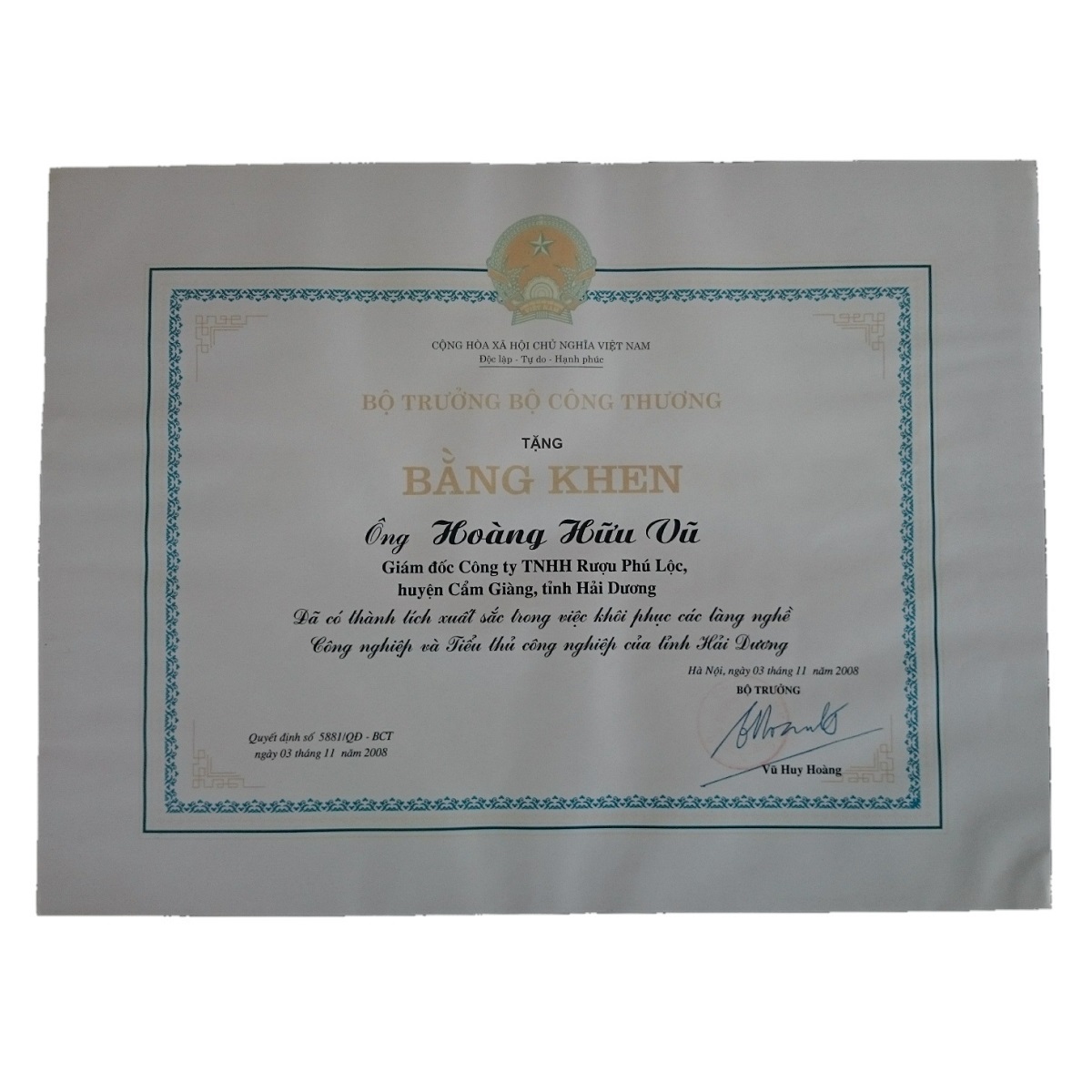 Bằng khen Bộ trưởng Bộ Công Thương