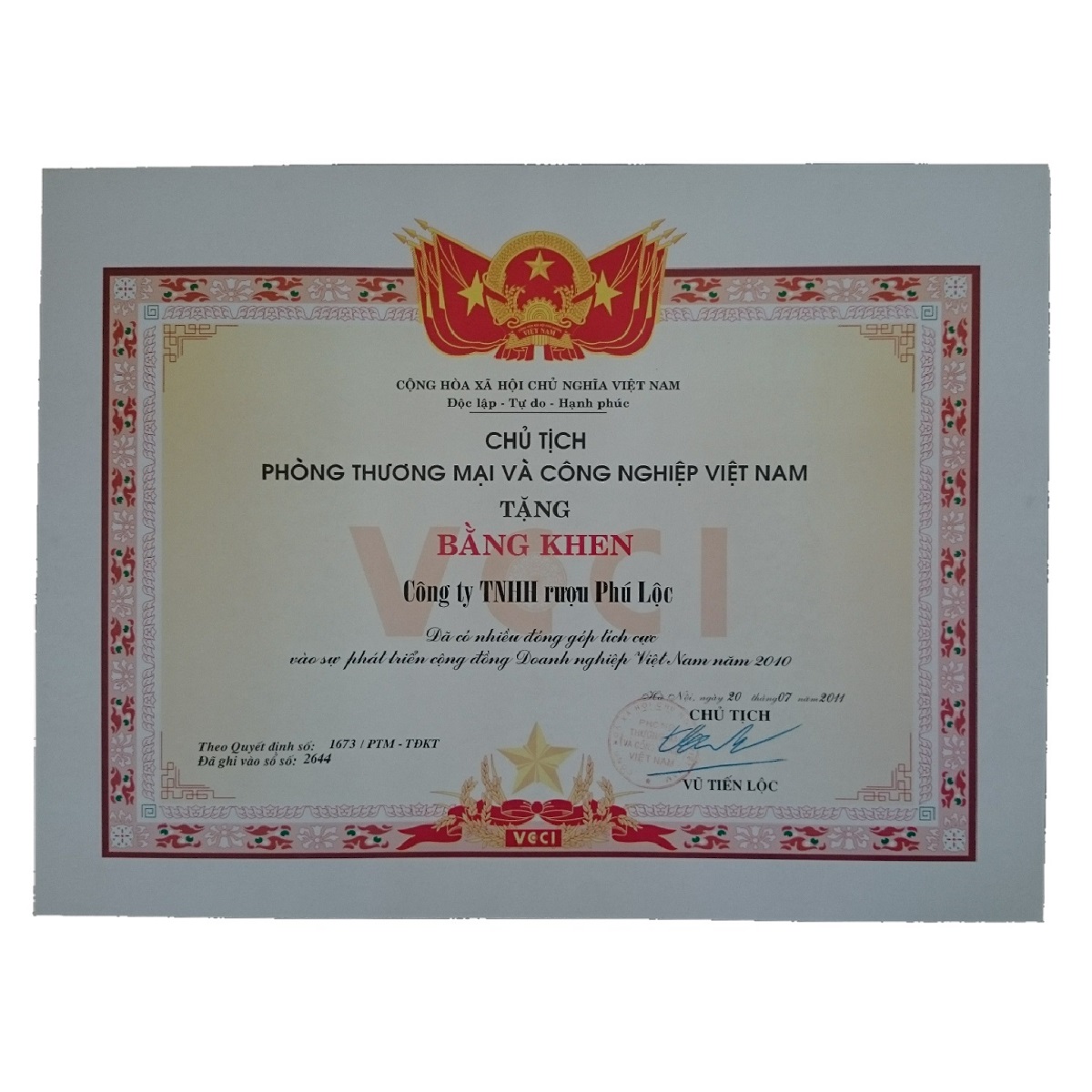 Bằng khen Phòng TM & CN VN