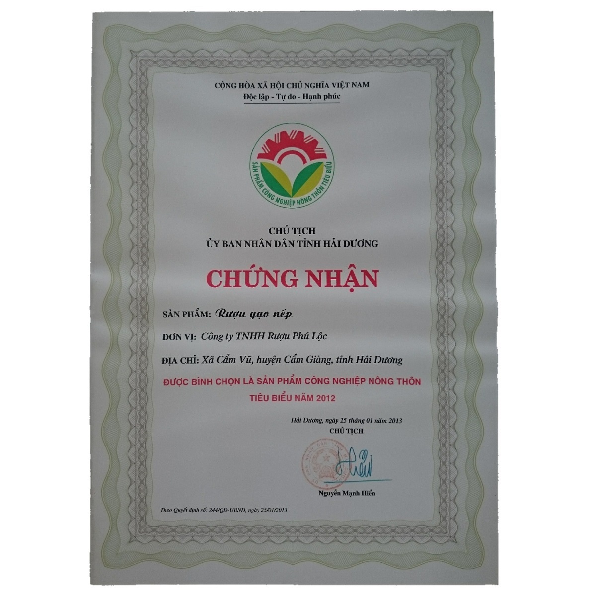 Bằng khen SP công nghiệp nông thôn